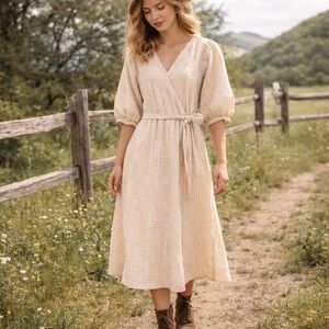 Wrap Front Beige Gingham Midi Dress - Women